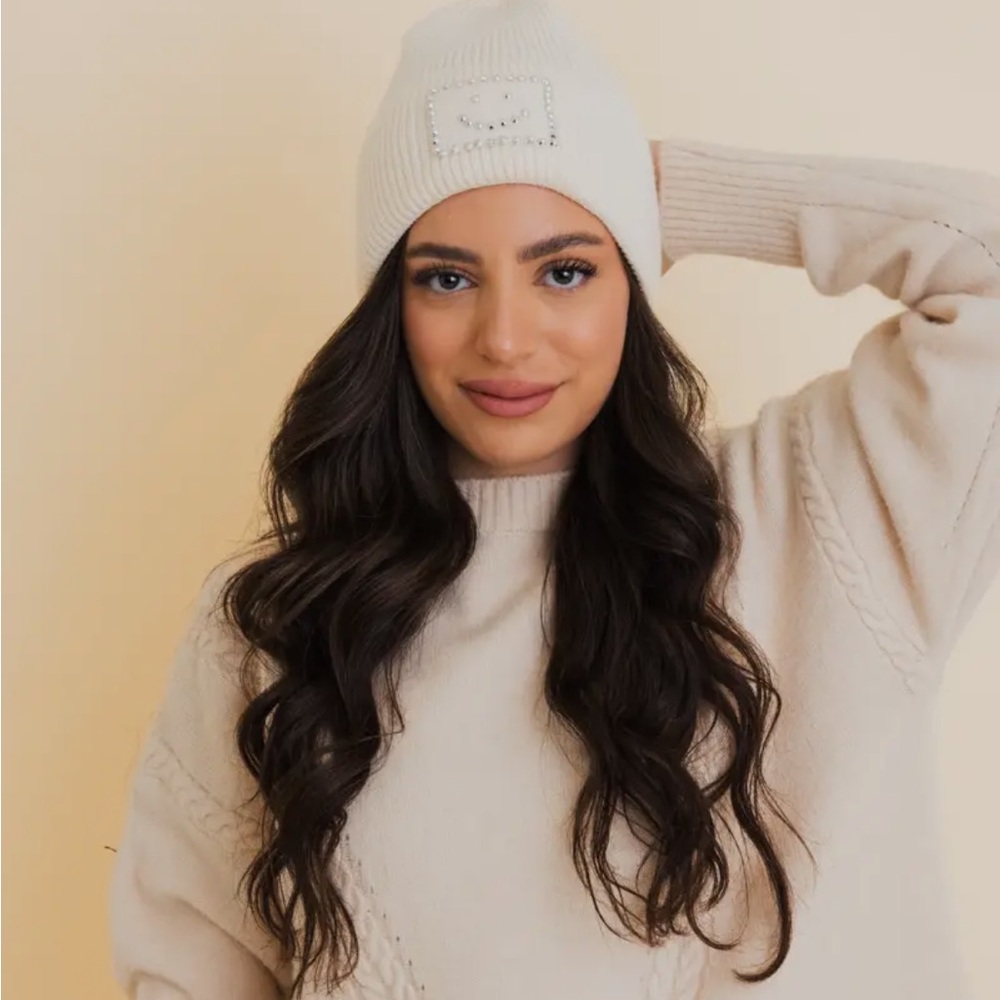 Happy Face Embroidered Ribbed Knit Beanie - Picture 12 of 14